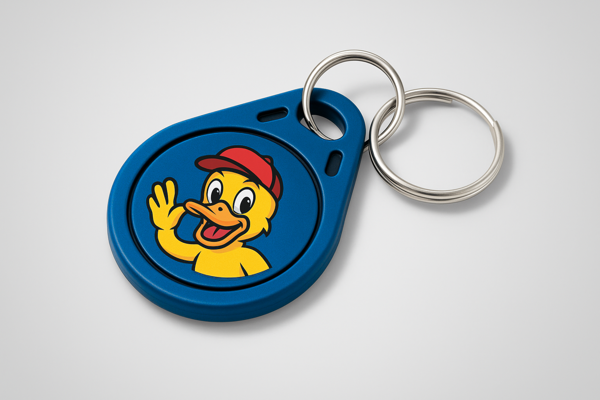A photo of a blue key fob with colorful printing