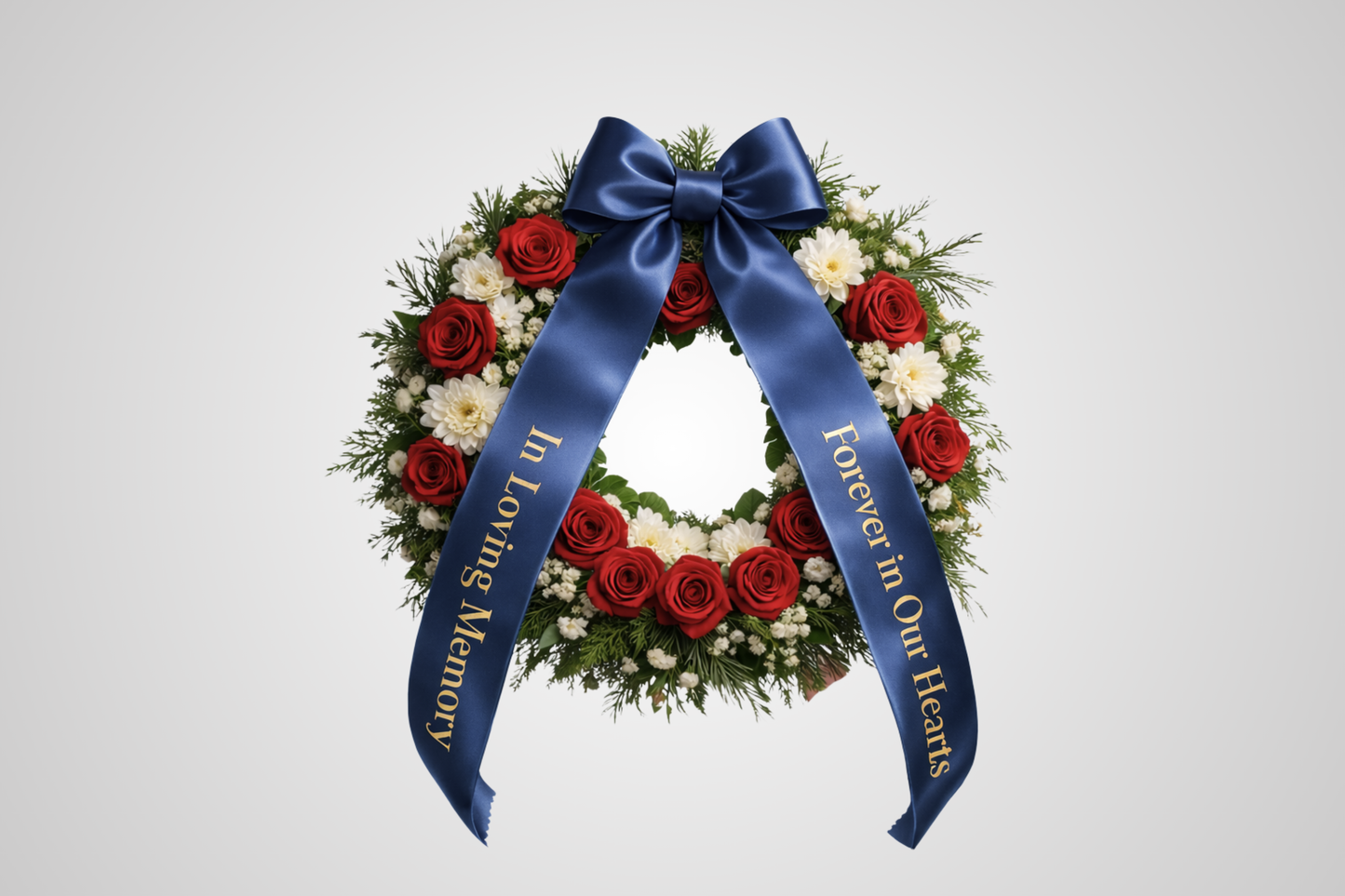 Milieuvriendelijk blauw satijnen boeketlint met gepersonaliseerde opdruk van JM Band®.