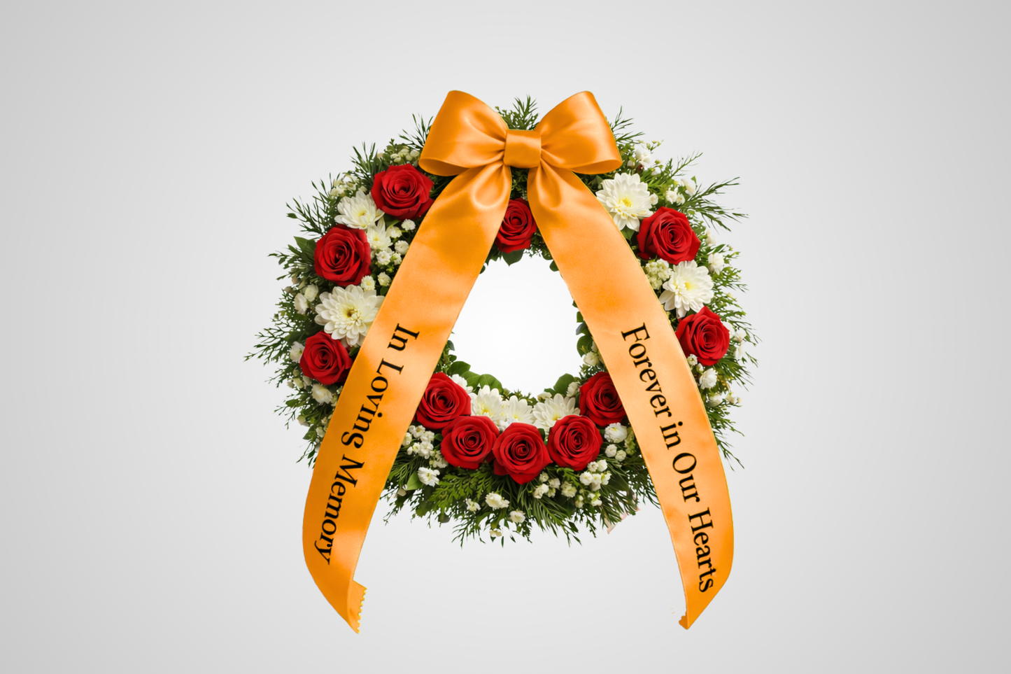 Oranje ECO satijnen boeketlint met gepersonaliseerde opdruk van JM Band®.