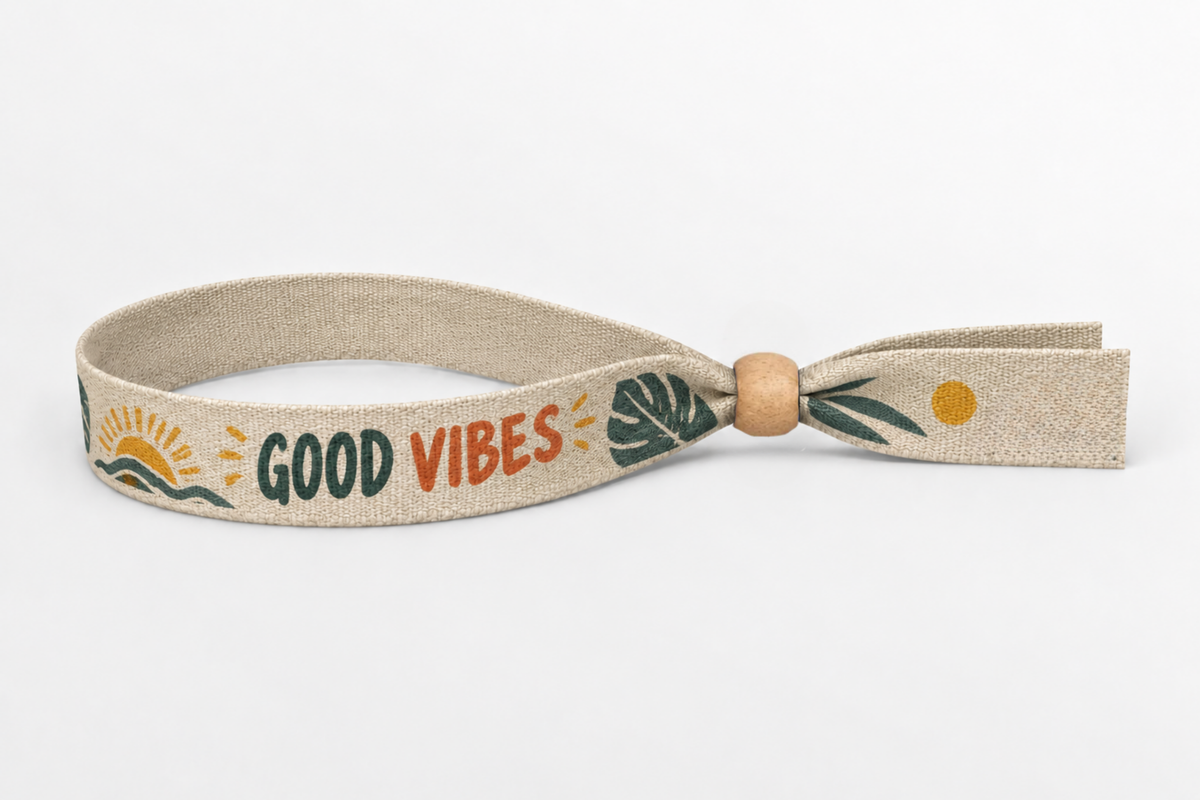 Beige katoenen polsbandje met kleurrijke Good Vibes-print