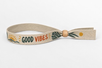 Beige katoenen polsbandje met kleurrijke Good Vibes-print