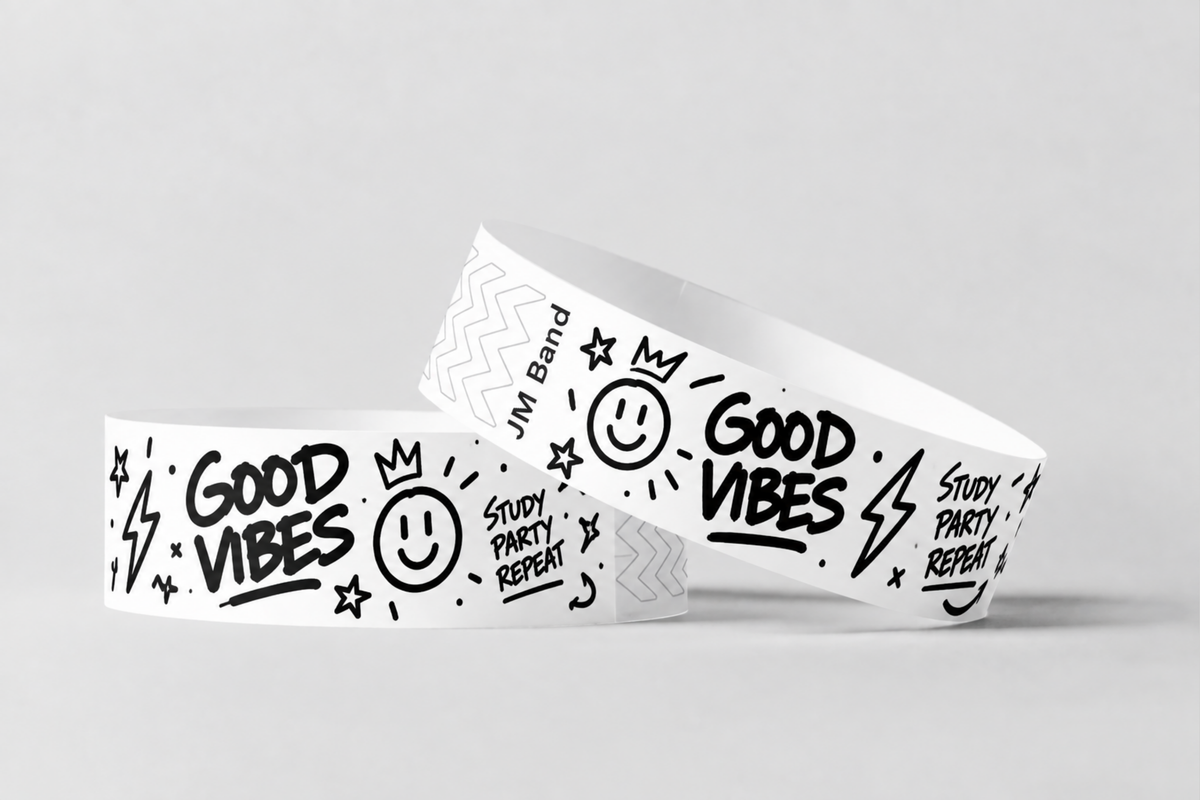 Twee witte papieren polsbandjes met zwart bedrukt doodle-ontwerp