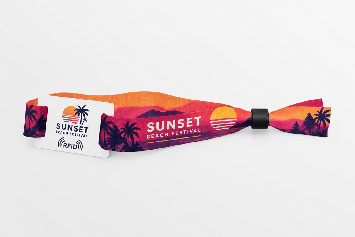 RFID-polsbandje van rPET-stof met oranje zonsondergang-strandfestivalprint