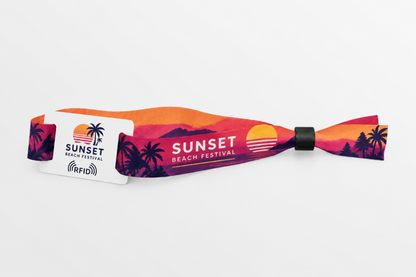RFID-polsbandje van rPET-stof met oranje zonsondergang-strandfestivalprint