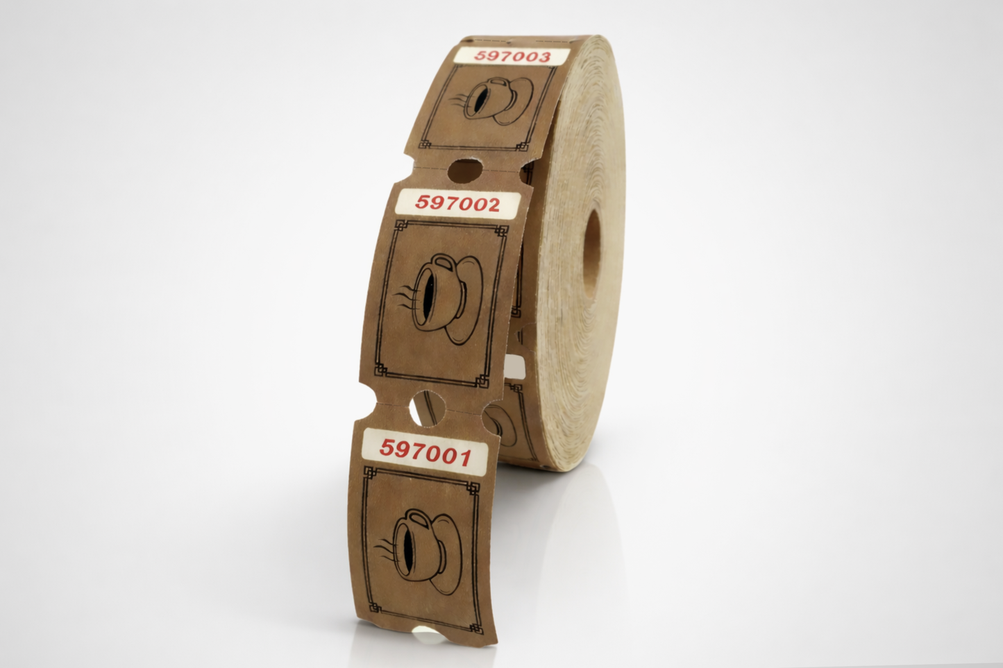 Brown drink tickets on a roll with a coffee cup motif - JM Band®