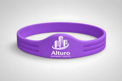A purple silicone wristband with NFC and custom logo from JM Band®